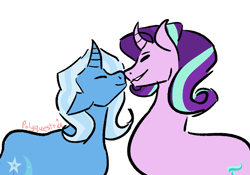 Size: 1181x827 | Tagged: safe, artist:lieutenantcactus, artist:polyquestria, imported from derpibooru, starlight glimmer, trixie, pony, unicorn, boop, curved horn, eyes closed, female, horn, lesbian, mare, noseboop, shipping, simple background, smiling, startrix, white background