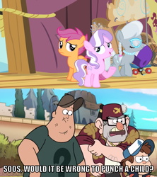 Size: 1111x1249 | Tagged: safe, edit, edited screencap, imported from derpibooru, screencap, diamond tiara, scootaloo, silver spoon, flight to the finish, angry, caption, dipper pines, eyes closed, gravity falls, grunkle stan, hat, helmet, image macro, impact font, meme, mocking, open mouth, raised hoof, rolling up sleeves, sad, scooter, soos, text