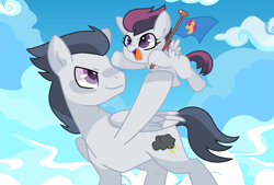 Size: 1263x852 | Tagged: safe, artist:wispyaxolotl, imported from derpibooru, rumble, scootaloo, oc, oc:high winds, pegasus, pony, base used, cheering, cute, cutie mark, father and daughter, female, filly, flag, foal, male, next generation, offspring, parent:rumble, parent:scootaloo, parents:rumbloo, stallion