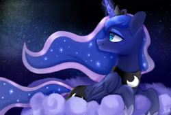 Size: 1748x1181 | Tagged: safe, artist:black moon, imported from derpibooru, princess luna, alicorn, pony, cloud, cute, female, glowing horn, horn, lunabetes, mare, night, on a cloud, pixiv, profile, sky, solo, stars