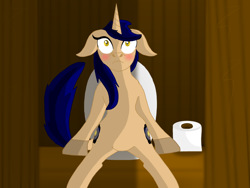 Size: 1280x962 | Tagged: safe, artist:lynnthenerdkitty, imported from derpibooru, oc, oc only, oc:delta, pony, unicorn, blushing, but why, embarrassed, female, implied pissing, outhouse, solo, toilet, toilet paper