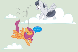 Size: 1352x902 | Tagged: safe, artist:themysticaldrawer13, imported from derpibooru, rumble, scootaloo, pegasus, pony, cloud, damsel in distress, falling, female, male, rumbloo, shipping, speech bubble, straight, teenager, text