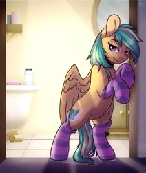 Size: 824x970 | Tagged: safe, artist:ak4neh, imported from derpibooru, oc, oc only, oc:summer ray, pegasus, pony, clothes, featureless crotch, female, looking at you, mare, socks, solo, stockings, striped socks, thigh highs, wet, wet mane