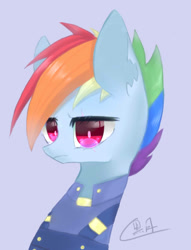 Size: 768x1004 | Tagged: safe, artist:black moon, imported from derpibooru, rainbow dash, pony, the cutie re-mark, alternate timeline, apocalypse dash, bust, clothes, crystal war timeline, female, gray background, mare, pixiv, portrait, simple background, solo, torn ear