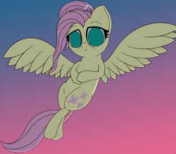 Size: 2224x1952 | Tagged: safe, artist:ceemakesstuff, imported from derpibooru, fluttershy, pegasus, pony, the last problem, female, flying, gradient background, hair accessory, hairpin, looking at you, mare, no pupils, older, older fluttershy, solo