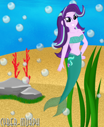 Size: 2256x2744 | Tagged: safe, artist:cyber-murph, imported from derpibooru, starlight glimmer, mermaid, series:cyber-murph's mermaids, equestria girls, bandeau, belly, belly button, bikini, bikini top, breasts, cleavage, clothes, coral reef, cute, female, mermaidized, midriff, scales, seaweed, solo, species swap, swimsuit, underwater