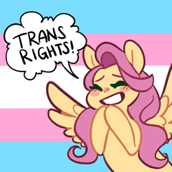 Size: 1280x1280 | Tagged: safe, artist:snowolive, imported from derpibooru, fluttershy, pegasus, pony, blushing, exclamation point, eyebrows, eyes closed, female, mare, mouthpiece, politics, pride, pride flag, smiling, solo, speech, speech bubble, trans rights, transgender pride flag