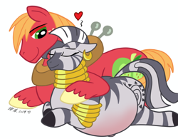 Size: 900x701 | Tagged: dead source, safe, artist:necrofeline, imported from derpibooru, big macintosh, zecora, earth pony, pony, zebra, belly blush, cuddling, female, floating heart, heart, hyper, hyper pregnancy, interspecies, macora, male, pregnant, shipping, simple background, straight, white background