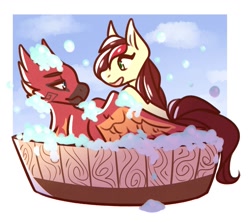 Size: 1365x1220 | Tagged: safe, imported from derpibooru, oc, oc:appleale, oc:arcus flamefeather, earth pony, hippogriff, bath, bubble, bubble bath, smiling, washing, washtub