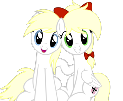 Size: 3258x2665 | Tagged: safe, artist:accu, imported from derpibooru, oc, oc only, oc:aryanne, oc:kyrie, earth pony, pegasus, pony, aryan, aryan pony, aryanbetes, blonde, blonde hair, blonde mane, blue eyes, bow, cute, duo, duo female, female, green eyes, grin, head tilt, nazi, nazipone, open mouth, raised hoof, sitting, smiling