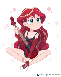 Size: 1700x2150 | Tagged: safe, artist:ohiekhe, imported from derpibooru, sunset shimmer, human, breasts, cleavage, clothes, cute, electric guitar, female, guitar, humanized, legs, musical instrument, shimmerbetes, shoes, sitting, smiling, solo