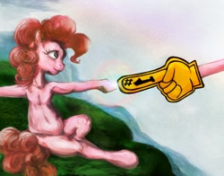 Size: 1534x1204 | Tagged: safe, alternate version, artist:dungeonxdrugs, artist:miradge, imported from derpibooru, pinkie pie, earth pony, pony, armpits, female, fine art parody, foam finger, mare, pinkie being pinkie, solo, the creation of adam