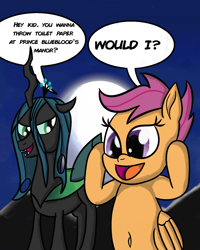 Size: 2400x3000 | Tagged: safe, artist:saburodaimando, imported from derpibooru, queen chrysalis, scootaloo, changeling, changeling queen, pegasus, pony, belly button, daimando is going to hell, dialogue, female, filly, implied prince blueblood, implied toilet paper, moon, night, pure unfiltered evil