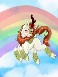 Size: 1536x2048 | Tagged: safe, artist:dannimation, imported from derpibooru, autumn blaze, kirin, blushing, clothes, cloud, cloudy, female, heart eyes, leg warmers, mare, one eye closed, rainbow, sky, smiling, solo, wingding eyes, wink