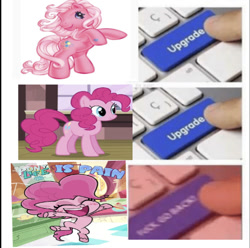 Size: 464x460 | Tagged: safe, edit, edited edit, edited screencap, imported from derpibooru, screencap, pinkie pie, pinkie pie (g3), earth pony, pony, my little pony: pony life, female, g3, g4.5, life is pain, mare, meme, pony life drama, upgrade meme, vulgar, wrong aspect ratio