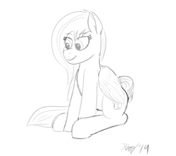 Size: 1800x1600 | Tagged: safe, artist:kalashnikitty, imported from derpibooru, oc, oc only, oc:flugel, pegasus, pony, black and white, female, grayscale, happy, lineart, mare, monochrome, signature, sit, sitting, sketch, smiling, solo, wings