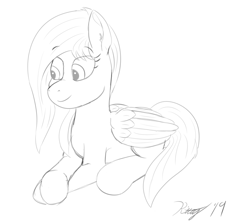 Size: 1800x1600 | Tagged: safe, artist:kalashnikitty, imported from derpibooru, oc, oc only, oc:flugel, pegasus, pony, black and white, crossed hooves, female, grayscale, laying on stomach, mare, monochrome, prone, sketch, smiling, smirk, solo, wings