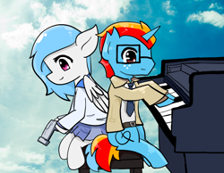 Size: 900x700 | Tagged: safe, artist:wisheslotus, imported from derpibooru, oc, oc only, oc:wishes, pegasus, pony, unicorn, clothes, cloud, coat, collaboration, duo, female, freckles, glasses, gun, horn, male, mare, musical instrument, necktie, pegasus oc, piano, sitting, smiling, stallion, unicorn oc, weapon, wings