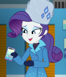 Size: 926x1080 | Tagged: safe, imported from derpibooru, screencap, rarity, equestria girls, equestria girls series, holidays unwrapped, spoiler:eqg series (season 2), beautiful, cellphone, clothes, coat, cropped, cute, female, hat, lidded eyes, mittens, phone, raribetes, rarity's winter hat, self-storage facility, smartphone, smiling, solo, sweater, turtleneck, ushanka, winter coat, winter hat, winter outfit