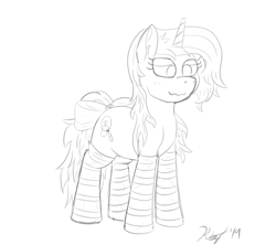 Size: 1800x1600 | Tagged: safe, artist:kalashnikitty, imported from derpibooru, oc, oc only, oc:optical illusion, pony, unicorn, black and white, blushing, bow, closet sub, clothes, cute, female, grayscale, lineart, mare, monochrome, pretty, ruffled mane, signature, sketch, socks, solo, someone boop this pony, striped socks