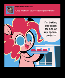 Size: 800x950 | Tagged: safe, artist:footsam, imported from derpibooru, pinkie pie, earth pony, pony, ask pinkie pie and tornado, ask, baking, colored, cupcake, female, flat colors, food, no pupils, oven, solo, tumblr