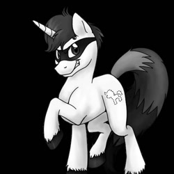 Size: 900x900 | Tagged: safe, imported from derpibooru, oc, oc only, oc:invisibrony, pony, unicorn, black background, domino mask, looking at you, male, needs more jpeg, simple background, solo, stallion, unshorn fetlocks