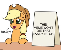 Size: 1100x900 | Tagged: safe, artist:mkogwheel edits, edit, editor:useraccount, imported from derpibooru, applejack, earth pony, pony, applejack's hat, applejack's sign, caption, cowboy hat, dead meme, fact, female, hat, howdy, image macro, mare, solo, text, undead meme, vulgar