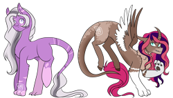 Size: 5294x3000 | Tagged: safe, artist:graceysworld, imported from derpibooru, oc, oc only, oc:passiflora, oc:primrose pie, draconequus, draconequus hybrid, draconequus oc, duo, female, interspecies offspring, offspring, parent:discord, parent:pinkie pie, parents:discopie, siblings, simple background, sisters, transparent background