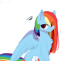 Size: 1200x1000 | Tagged: source needed, safe, artist:heddopen, imported from derpibooru, rainbow dash, pegasus, pony, chest fluff, cute, ear fluff, female, long mane, looking at you, sigh, simple background, solo, white background, wings