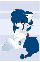 Size: 1752x2696 | Tagged: safe, artist:little-sketches, artist:php146, imported from derpibooru, oc, oc only, oc:late winter, oc:louisiana, bird, earth pony, pony, unicorn, albino, blind, chest fluff, ear fluff, eye clipping through hair, female, heterochromia, magic, ponified, telekinesis, vanillaswirl6's state ponies, walking stick