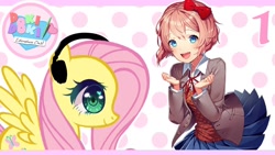 Size: 1280x720 | Tagged: safe, artist:vannamelon, imported from derpibooru, fluttershy, human, pegasus, pony, clothes, doki doki literature club, headphones, sayori, thumbnail, vannamelon