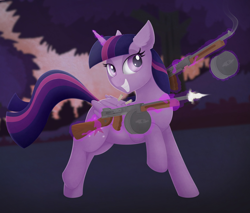 Size: 2732x2325 | Tagged: safe, artist:allyster-black, derpibooru exclusive, edit, imported from derpibooru, twilight sparkle, alicorn, pony, drum magazine, female, gun, gunsmoke, levitation, magic, mare, muzzle flash, playerunknown's battlegrounds, solo, telekinesis, this might end in pain, tommy gun, twilight sparkle (alicorn), weapon