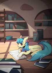 Size: 1428x2000 | Tagged: safe, artist:貂小明, imported from derpibooru, oc, oc only, oc:lrivulet, oc:zoran, oc:左岸, pegasus, pony, book, bow, bowtie, commission, cute, female, golden oaks library, hair bow, lying down, mare, missing cutie mark, prone, reading, solo, wallpaper