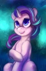 Size: 2650x4096 | Tagged: safe, artist:halley-valentine, artist:hobbes-maxwell, imported from derpibooru, starlight glimmer, pony, unicorn, aurora borealis, chest fluff, cute, female, glimmerbetes, high res, mare, night, open mouth, shoulder fluff, sky, smiling, solo, stars