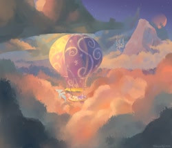 Size: 2048x1755 | Tagged: safe, artist:toksinblack, imported from derpibooru, applejack, fluttershy, pinkie pie, rainbow dash, rarity, starlight glimmer, twilight sparkle, alicorn, earth pony, pegasus, pony, unicorn, alternate mane seven, canterlot, canterlot castle, cloud, end of ponies, female, hot air balloon, mane six, mare, moon, mountain, scenery, sky, stars, twinkling balloon