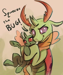 Size: 1441x1712 | Tagged: safe, artist:kam, imported from derpibooru, thorax, oc, oc:apex, oc:apex (kolb), changedling, changeling, nymph, changedling oc, changeling oc, commission, commissioner:navelcolt, cuddling, cute, hug, king thorax, papa thorax, speech bubble, thorabetes