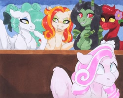Size: 3808x3044 | Tagged: safe, artist:frozensoulpony, imported from derpibooru, oc, oc only, oc:dovely pinup, oc:grenadine, oc:jade luck, oc:little lady, oc:vinyasa fae, earth pony, griffon, pegasus, pony, adopted offspring, female, male, mare, offspring, parent:applejack, parent:cotton sky, parent:hoity toity, parent:jet set, parent:lord tirek, parent:rarity, parent:tree hugger, parents:applejet, stallion, traditional art