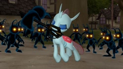 Size: 1280x720 | Tagged: safe, imported from derpibooru, ocellus, changedling, changeling, 3d, crossover, disney, fight, heartless, keyblade, kingdom hearts, kingdom key, mouth hold, ponyville, source filmmaker, weapon