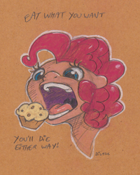 Size: 1128x1409 | Tagged: safe, artist:dilarus, deleted from derpibooru, imported from derpibooru, pinkie pie, earth pony, pony, bust, demotivational, female, food, mare, muffin, open mouth, simple background, this will end in weight gain, toned paper, traditional art, white background