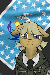 Size: 2000x3000 | Tagged: safe, artist:devorierdeos, imported from derpibooru, oc, oc only, oc:oasis (shino), earth pony, pony, clothes, equestrian flag, female, floppy ears, looking at you, mare, military, smiling, solo, uniform