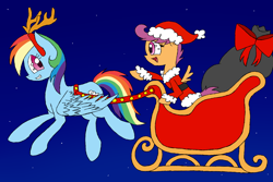 Size: 1500x1000 | Tagged: safe, artist:yourfavoritelove, imported from derpibooru, rainbow dash, scootaloo, pegasus, pony, animal costume, antlers, bag, christmas, clothes, costume, duo, female, flying, hat, holiday, reindeer antlers, reindeer costume, reindeer dash, santa costume, santa hat, sleigh