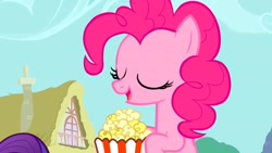 Size: 1280x720 | Tagged: safe, imported from derpibooru, screencap, pinkie pie, earth pony, pony, unicorn, applebuck season, season 1, eyes closed, female, food, mare, open mouth, ponyville, popcorn, solo