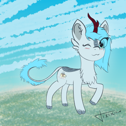 Size: 1200x1200 | Tagged: safe, artist:vixenin, imported from derpibooru, oc, oc:frost flare, kirin, blushing, cloven hooves, cute, cutie mark, fluffy, food, grass, kirin oc, one eye closed, simple background, sky, tea, wink