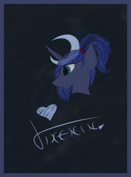 Size: 1088x1472 | Tagged: safe, artist:vixenin, imported from derpibooru, princess luna, pony, hair tie, heart, moon, ponytail, signature, simple background