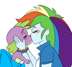 Size: 1400x1300 | Tagged: safe, anonymous artist, artist:php137, imported from derpibooru, rainbow dash, spike, dog, human, equestria girls, backpack, bestiality, blushing, duo, eyes closed, female, fetish, holding head, interspecies, kiss on the lips, kissing, male, rainbowspike, shipping, simple background, spike gets all the equestria girls, spike the dog, straight, white background, zoophilia