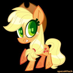 Size: 1500x1500 | Tagged: safe, artist:spacekitsch, deleted from derpibooru, imported from derpibooru, applejack, earth pony, pony, black background, chibi, cowboy hat, female, grin, hat, looking at you, mare, raised leg, simple background, smiling, solo, unshorn fetlocks