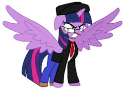 Size: 811x590 | Tagged: safe, artist:logan jones, editor:logan jones, imported from derpibooru, twilight sparkle, alicorn, pony, angry, beard, clothes, cosplay, costume, facial hair, glasses, gritted teeth, hat, jacket, jeans, moustache, necktie, nostalgia critic, pants, shoes, shrunken pupils, simple background, transparent background, twilight sparkle (alicorn)