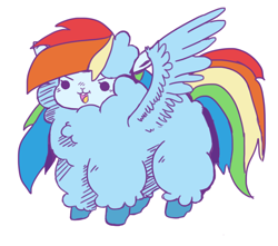 Size: 1280x1129 | Tagged: safe, artist:toksinblack, imported from derpibooru, rainbow dash, alpaca, alpacafied, beady eyes, cute, dashabetes, female, fluffy, open mouth, simple background, solo, species swap, spread wings, white background, wings