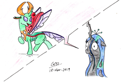 Size: 2472x1712 | Tagged: safe, artist:gafelpoez, imported from derpibooru, queen chrysalis, thorax, changedling, changeling, changeling queen, bob dylan, female, king thorax, male, the simpsons, traditional art