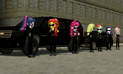 Size: 5120x3072 | Tagged: safe, artist:n3onh100, imported from derpibooru, applejack, fluttershy, pinkie pie, rainbow dash, rarity, sci-twi, sunset shimmer, twilight sparkle, equestria girls, 3d, black suit, car, chevrolet, chevrolet suburban, cupcake, food, gmod, gun, humane five, humane seven, humane six, hyundai, hyundai sonata, sunglasses, weapon